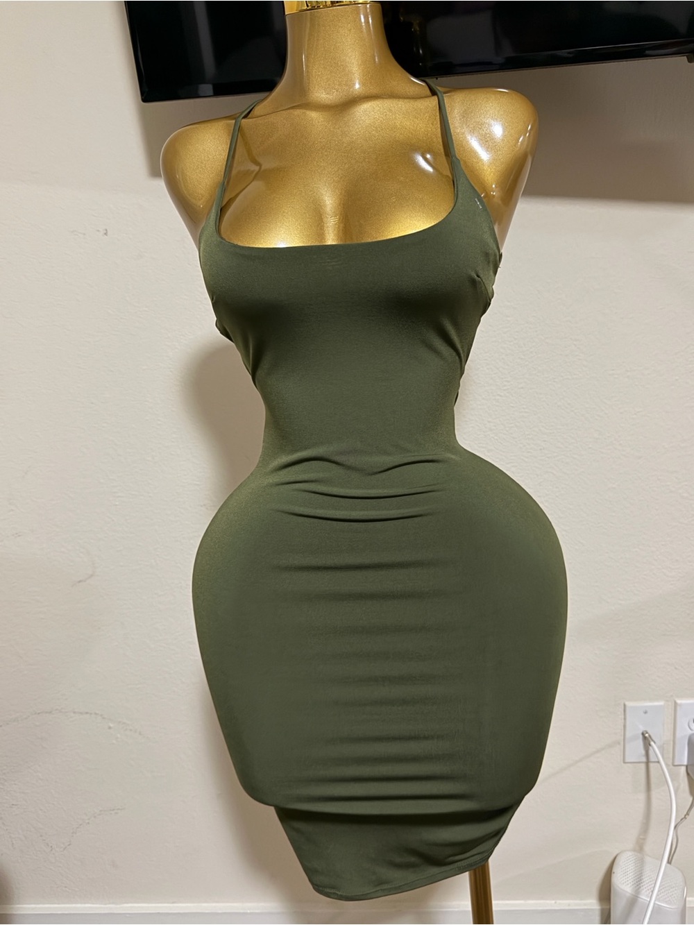 Olive Green Spaghetti-Strap Bodycon Mini Dress